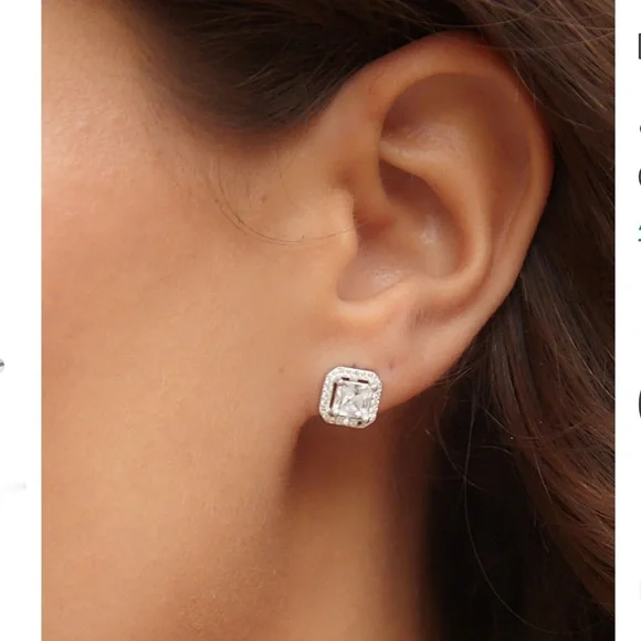 SAVVY CIE JEWELS Sterling Silver Asher Cut Halo CZ Stud Earrings